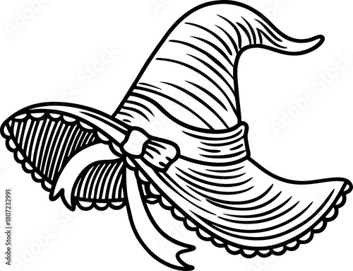 Classic wizard hat with ribbon and brim, hand drawn vintage accessory illustration, fantasy magic concept