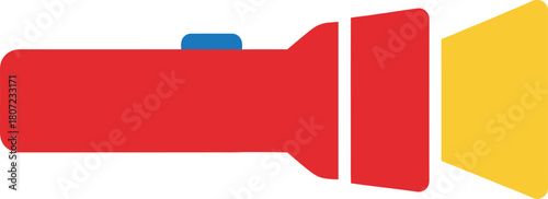 Flat icon of a red flashlight with blue button emitting yellow light beam illustration