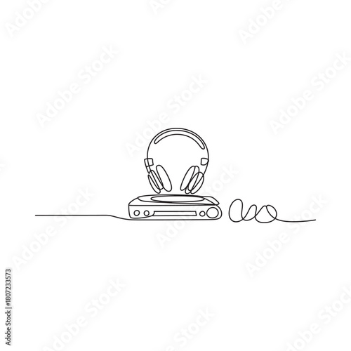 Minimalist line art of headphones resting on a portable music player