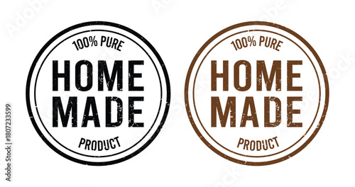 Vintage “HOME MADE” circular stamp logo with 100% PURE PRODUCT text, rustic black-and-white and sepia badge designs