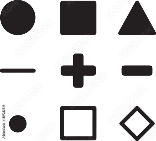 Collection of nine black geometric shapes on a white background circle square triangle plus minus plus sign