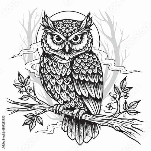 owl perched, staring at the camera, on white background