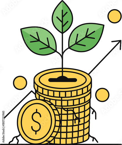 Illustration of a plant growing from a stack of coins with an upward trending arrow and passive income text