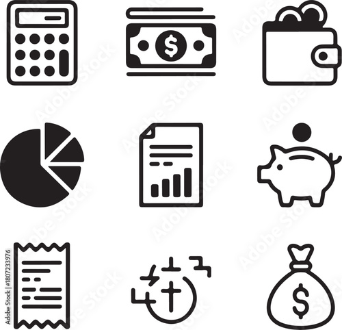 Collection of black finance and money icons including calculator pie chart piggy bank and dollar bills