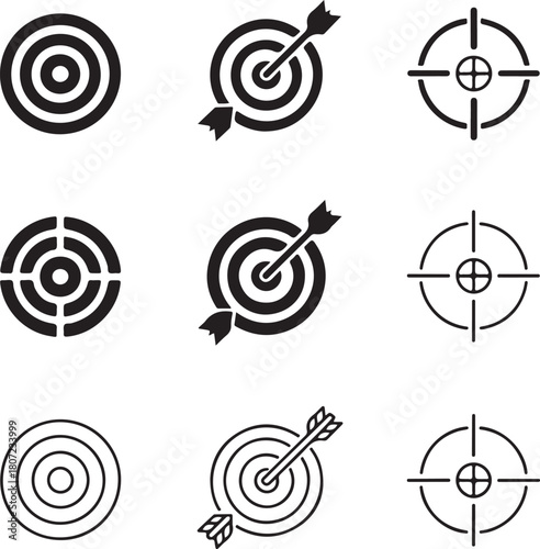 Nine black and white target and crosshair icons on a white background bullseye dartboard