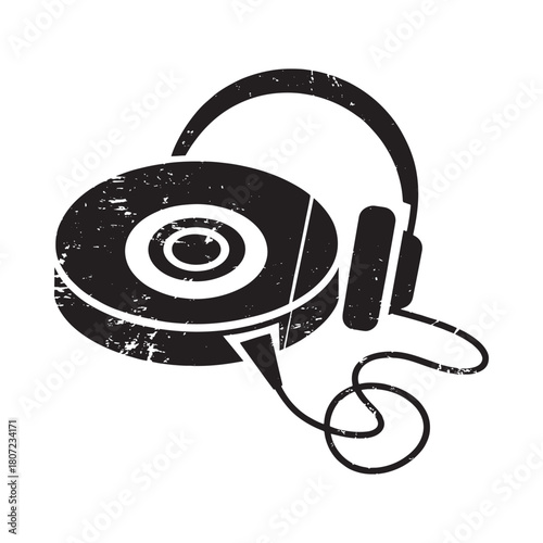 Vintage turntable and headphones icon with textured grunge effect