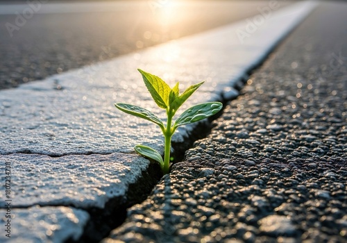 Fototapeta Naklejka Na Ścianę i Meble -  Resilience concept green plant sprout growing through cracked asphalt road with sunlight in backgrou