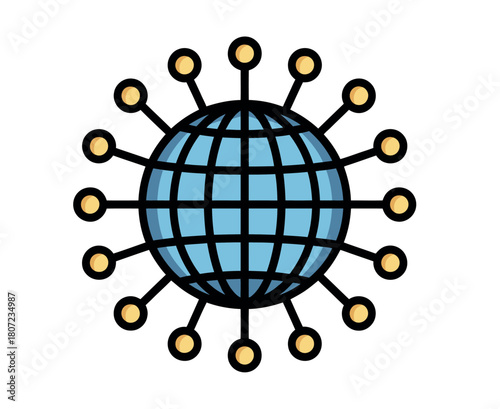 A stylized globe with radiating connections represents global networking and communication.
