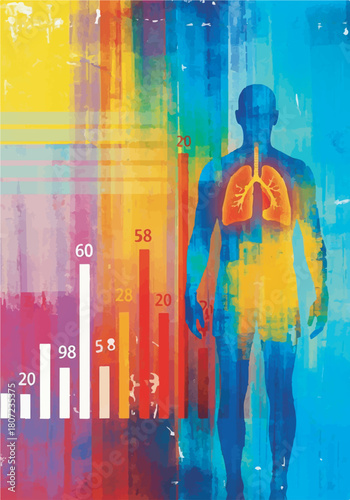 Abstract medical data visualization showing human lungs and health statistics graph background