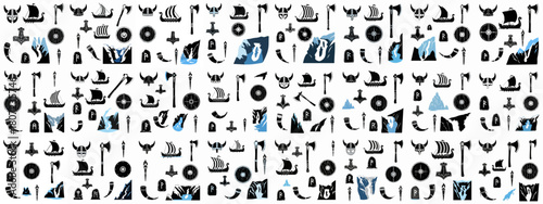 Repeating seamless pattern featuring black silhouette icons of Viking mythology, including drakkars, axes, shields, and helmets.