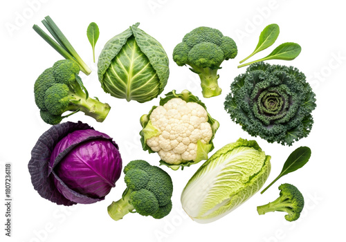 Dewy, vibrant green and purple cruciferous vegetables (broccoli, cauliflower, cabbage, kale) flat lay on a bright white studio background, high-key. Concept of natural nutrition and wellness
