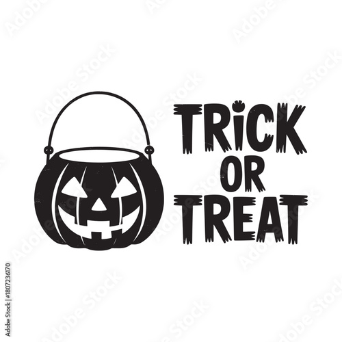Halloween trick or treat pumpkin bucket and text graphic