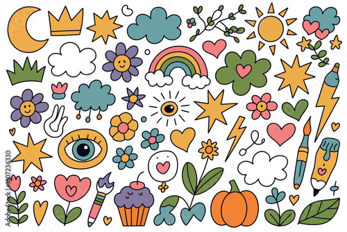 A collection of cute and whimsical doodles featuring celestial bodies, clouds, flowers, and objects.