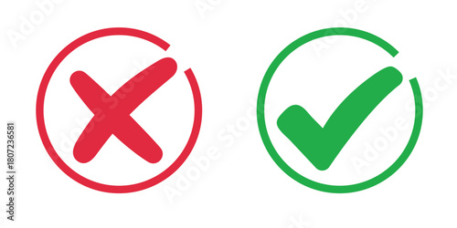 Checkmark x mark icon. Green checkmark and red x sign.