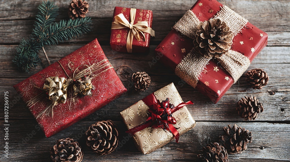 Fototapeta premium Christmas Gift Wrapping Banner Red Gold Holiday Background
