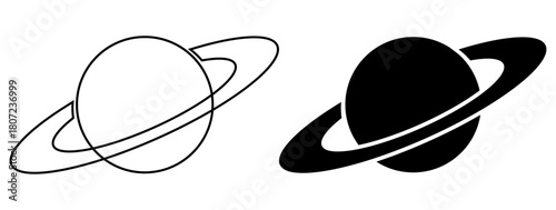 Simple planet with ring symbol set featuring clean outline and solid Saturn icons, useful for space, astronomy, galaxy, orbit,  space, galaxy, cosmos, vector, icons.