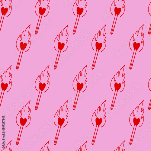 Love match sticks valentines day background seamless pattern. Matchstick fire line art.