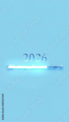 2026 ice-themed loading bar on frosty blue background, frozen crystal style countdown design, minimal winter concept for New Year, seasonal tech interface