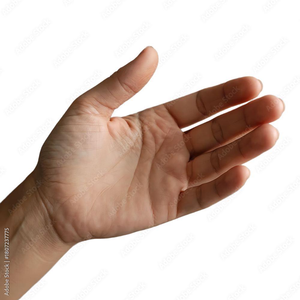 Fototapeta premium Close up of a human hand with fingers slightly spread open isolated on transparent background