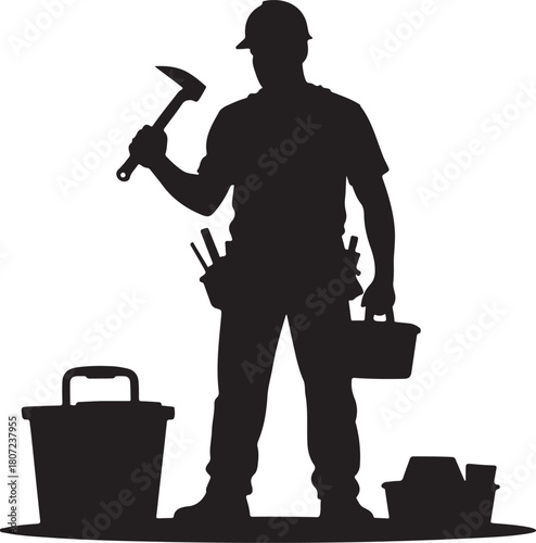 Silhouette of a construction worker holding a hammer with tools and buckets