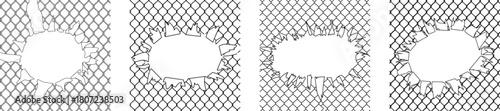 broken chain-link fence hole vector set with cracked metal mesh effect