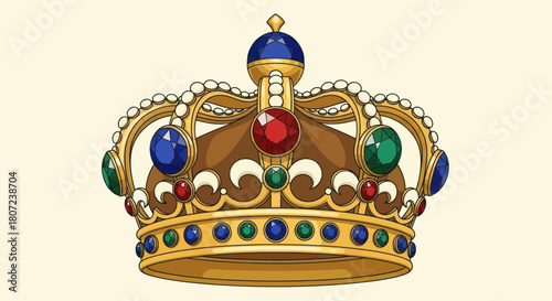 Ornate gold crown with jewels, featuring blue, green, and red gems, set against a cream background