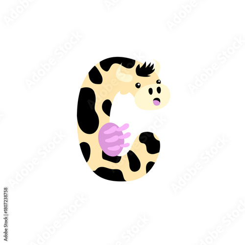 Cute cartoon letter C shaped like a cow with spots and udder, children's alphabet illustration