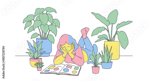 A person with colorful hair lies on a floor, engrossed in a book. Surrounded by vibrant potted plants