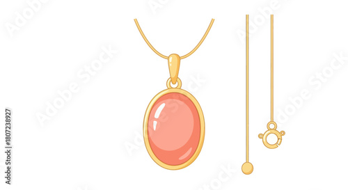 Cartoon depiction of a gold necklace with a light peach oval-shaped pendant, and a detached chain with clasp