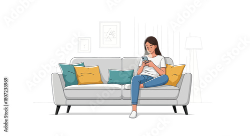 A person sits comfortably on a sofa at home, engrossed in a mobile phone. Pillows & decor surround them