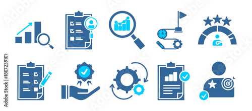 assessment icon set collection in dual tone style. an icon pack contain audit, criteria, analysis, plan, performance, evaluation, quality, process, result, goal