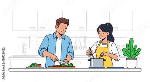 A couple cooks together in a clean, modern kitchen with vegetables. One slices, the other stirs a pot