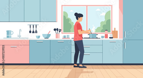 A woman in a modern kitchen cooks at the stovetop by a window. Steam rises from a pot, and utensils hang above a sink