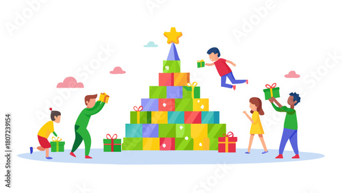 Kids building a giant Christmas tree made of stacked colorful gifts .vector icon