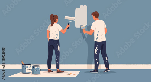 A couple, back view, paint a wall together. One uses roller, other a brush. They wear white tops & blue jeans with paint splatters. Two paint cans sit at the base