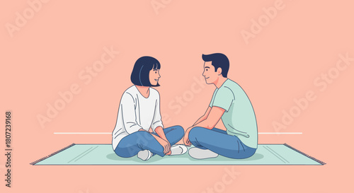 Illustration of a couple sitting opposite each other, looking at each other, on a mat in a flat, minimal style