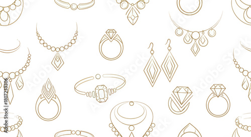Gold line art pattern of various jewelry pieces necklaces, rings, bracelets and earrings, against a bright white background