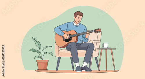 A man plays an acoustic guitar seated indoors. A potted plant and side table with a mug are nearby. The background is a light pastel