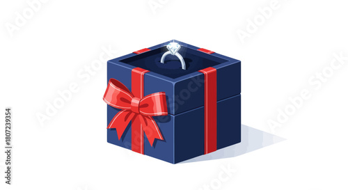 A blue jewelry box with a red ribbon and a diamond ring inside, placed on a white surface with a shadow
