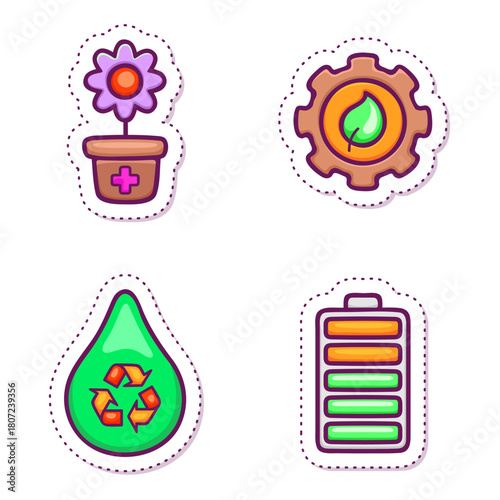 Eco-friendly icons a plant, recycling drop, gear, and battery representing sustainability and green energy