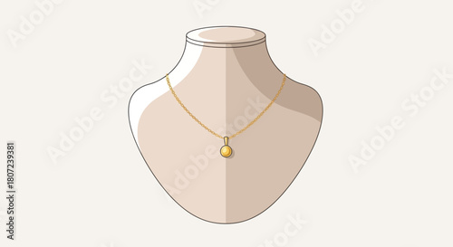 An illustration of a gold necklace with a round pendant on a jewelry display bust against a light background