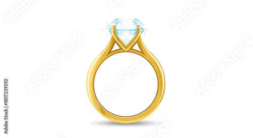 A brilliant, faceted diamond sits atop a gold band ring, casting sparkles against a plain white background