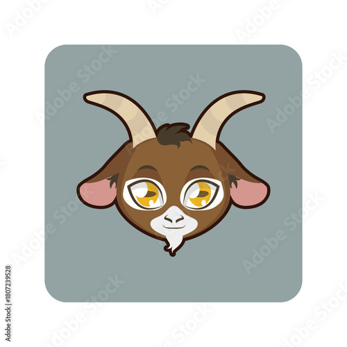 Cute cartoon goat head with horns and big yellow eyes, an adorable farm animal illustration