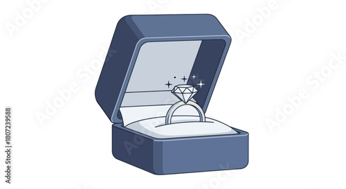 A diamond ring sparkles inside a blue velvet ring box, open, on a white background. Simple, elegant design