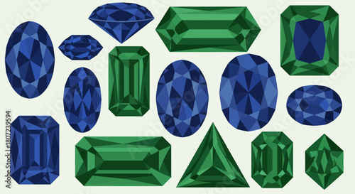 Assorted vibrant gemstones in various geometric cuts, showcasing blue and green hues, arranged on a cream background