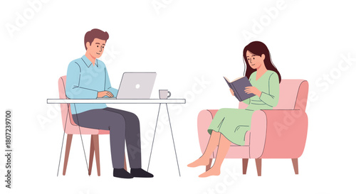 A man works on a laptop at a desk, while a woman sits in a chair reading a book. Clean white background