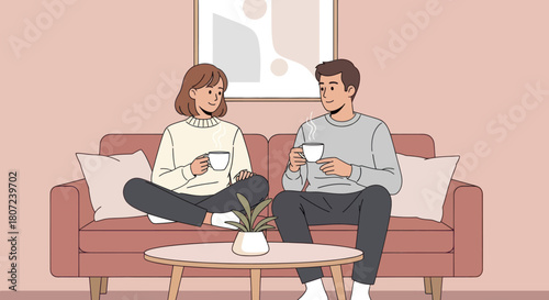 Animated couple sits on a couch, holding mugs, looking at each other, enjoying a quiet moment in a living room