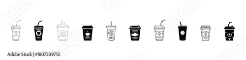 Coffee cup icon set. Hot and cold takeaway drink cups with straw, lids, espresso, latte, cappuccino symbols. Outline and solid beverage vector design collection.