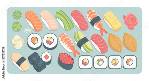A flat lay of assorted sushi pieces, including nigiri, maki rolls, and accompaniments, arranged on a light-blue surface