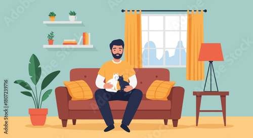 A bearded person sits on a couch, holding two cats. A lamp, window, plants, and shelves are in the cozy living room